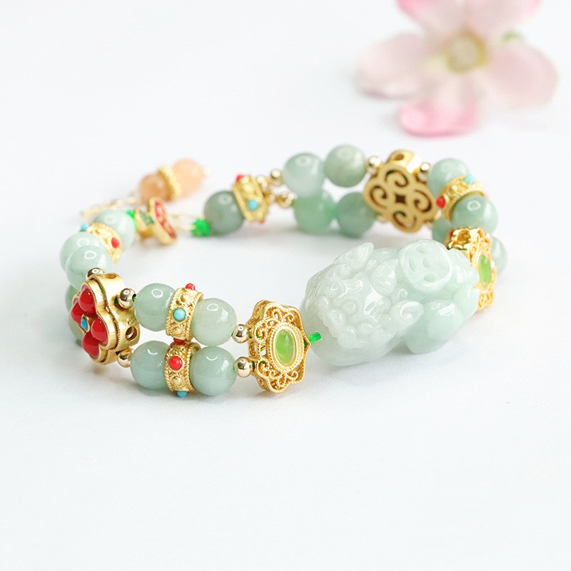 Real Grade A Natural Green Jade Jadeite Women Lucky Pixiu Beads Bracelet