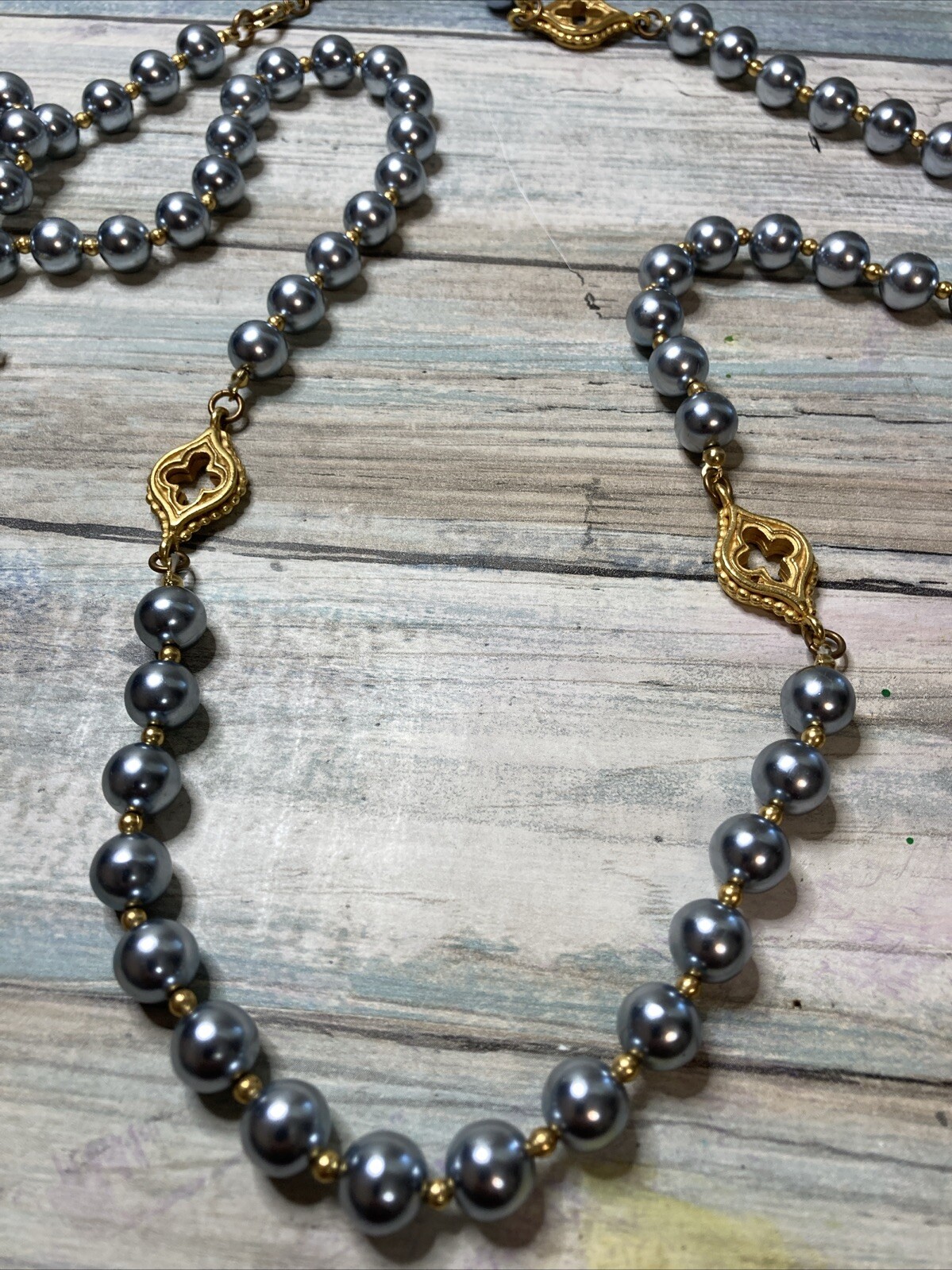 Gray Bead Gold Tone Charm 54″ Necklace Fashion Costume NWOT