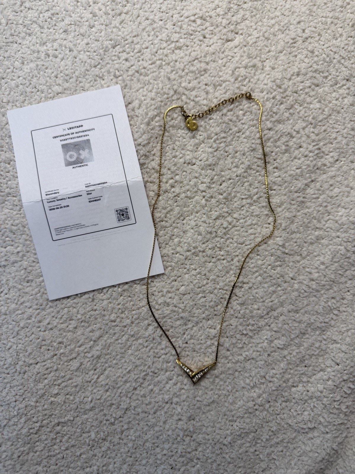 Vintage Christian Dior Signed Gold Tone Chevron V Pendant Rhinestone Necklace