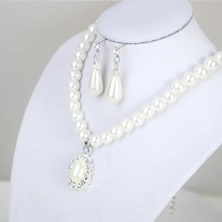 Pearl Necklace & Earrings Set White Teardrop Pendant Crystal Bridal Wedding set