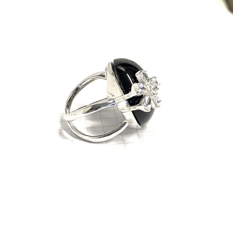 (SIZE 6,7,8,9) Large ONYX STONE & CZ FLOWER RING .925 STERLING SILVER