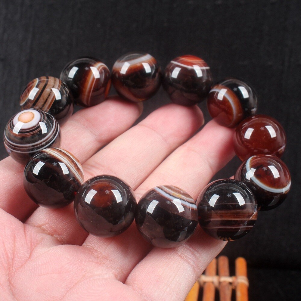 20mm Rare China Natural Agate Onyx Carved Buddha Beads Bracelet Bangle Wristlet