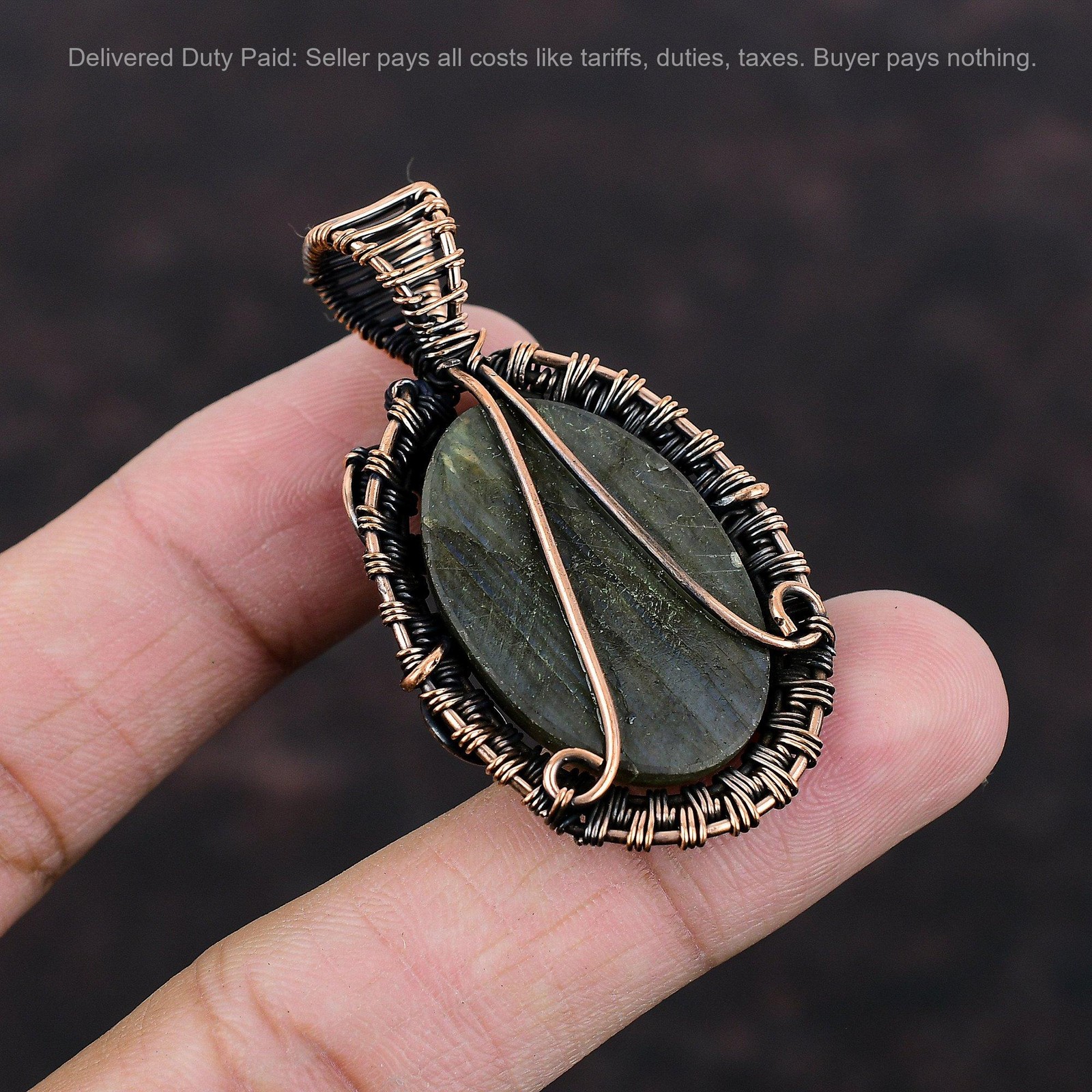 Oval Mystic Fire Labradorite Gemstone Copper Wire Wrapped Wife Artisan Pendant