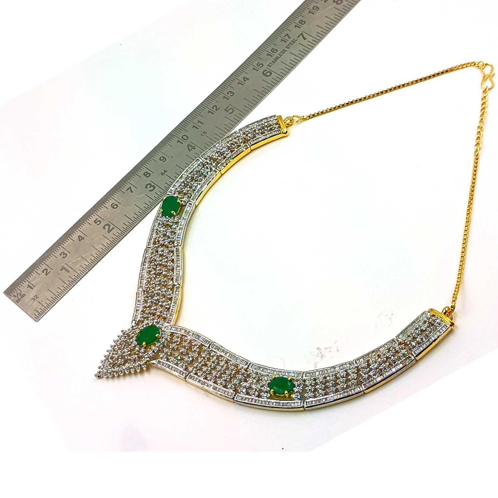 Emerald CZ Diamond Choker Necklace Set 22k Gold Plated South Indian Handmade