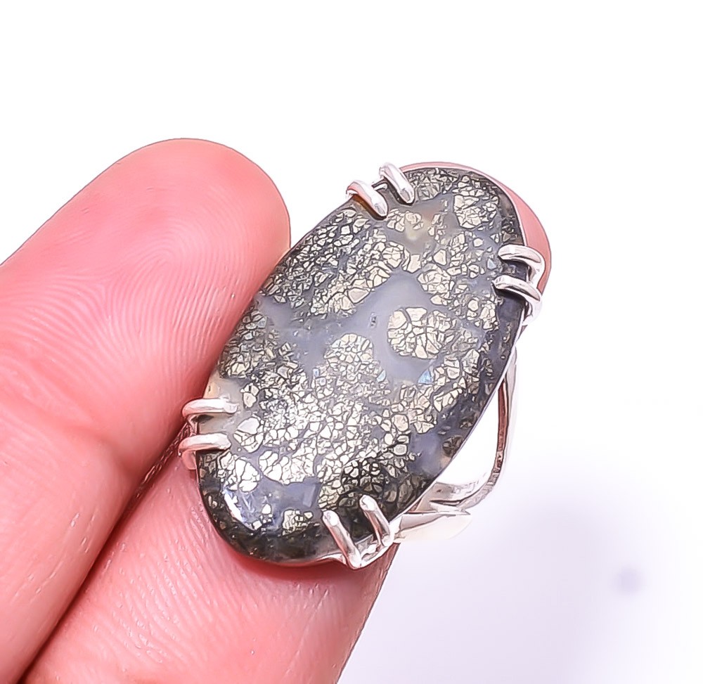 Natural Marcasite Solitaire 925 Sterling Silver Ring s.9.5 R219, Christmas Gift