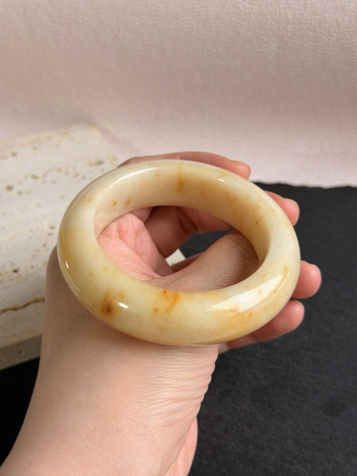 Natural Shoushan Jade Bangle 53.8mm Cream Ivory Jade with Honey Gold Inclusions