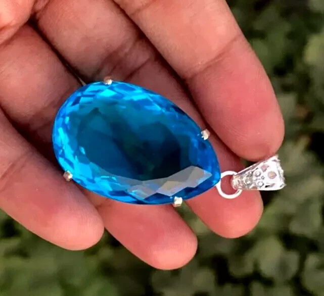 Natural 60.20 Ct Brazilian Pear Cut Blue Topaz Pendant 925 Silver Gemstone