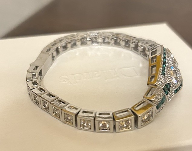Silver Tone Emerald Green CZ And Diamond CZ Art Deco Inspired Bracelet NWT