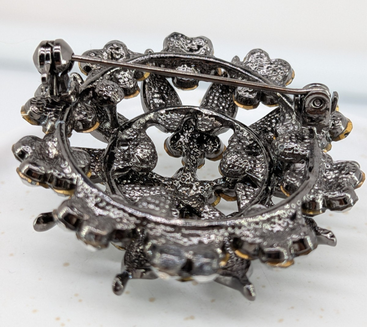 Vintage Gunmetal Rhinestone Flower Brooch Pin Hematite Crystal Dome 2in 30g