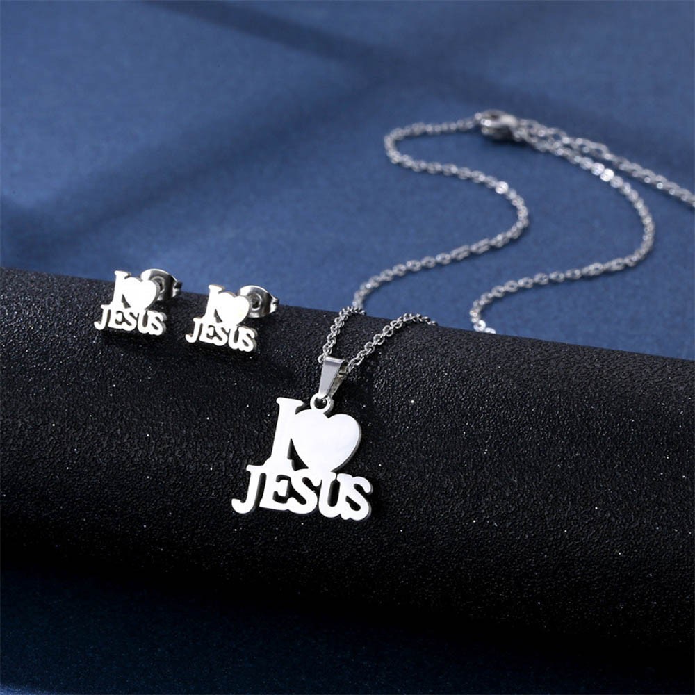 I LOVE JESUS Stainless Steel Pendant Necklace & Earrings Set – Christian Jewelry