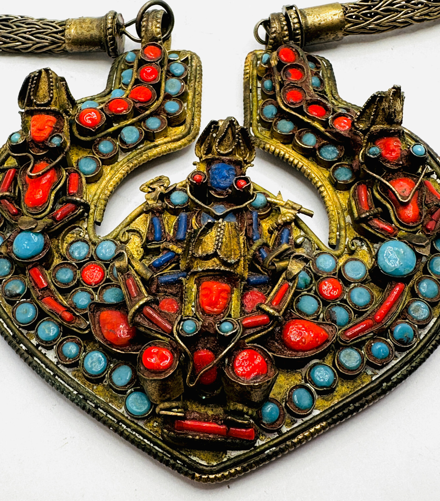 Antique Nepal Tibetan Brass Vishnu Prayer Necklace Coral Turquoise Glass EUC 24″