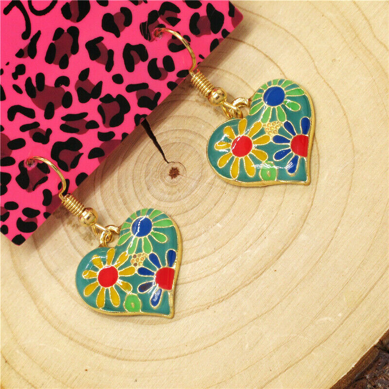 Cute Gold Green Multicolor Enamel Flower Heart Charm Hook Dangle Drop Earrings