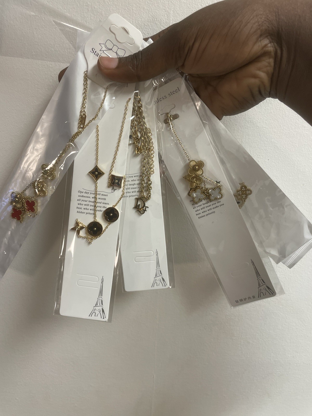Stainless Steel Gold Tone Clover Flower Charm Cable Chain Necklace Enamel