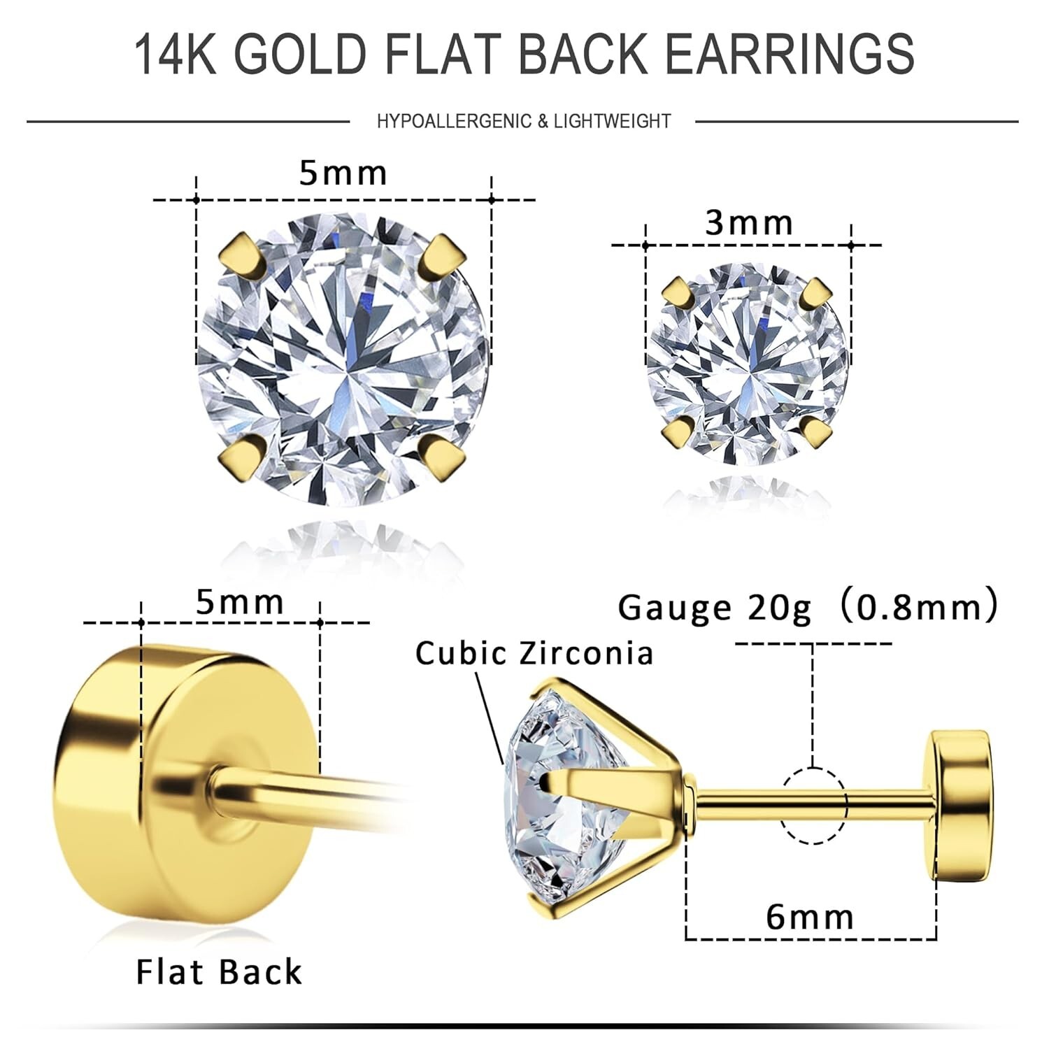 2 Pairs Gold Flat Back Earrings, 14k Screw Back Earrings Gold Cartilage Gold …