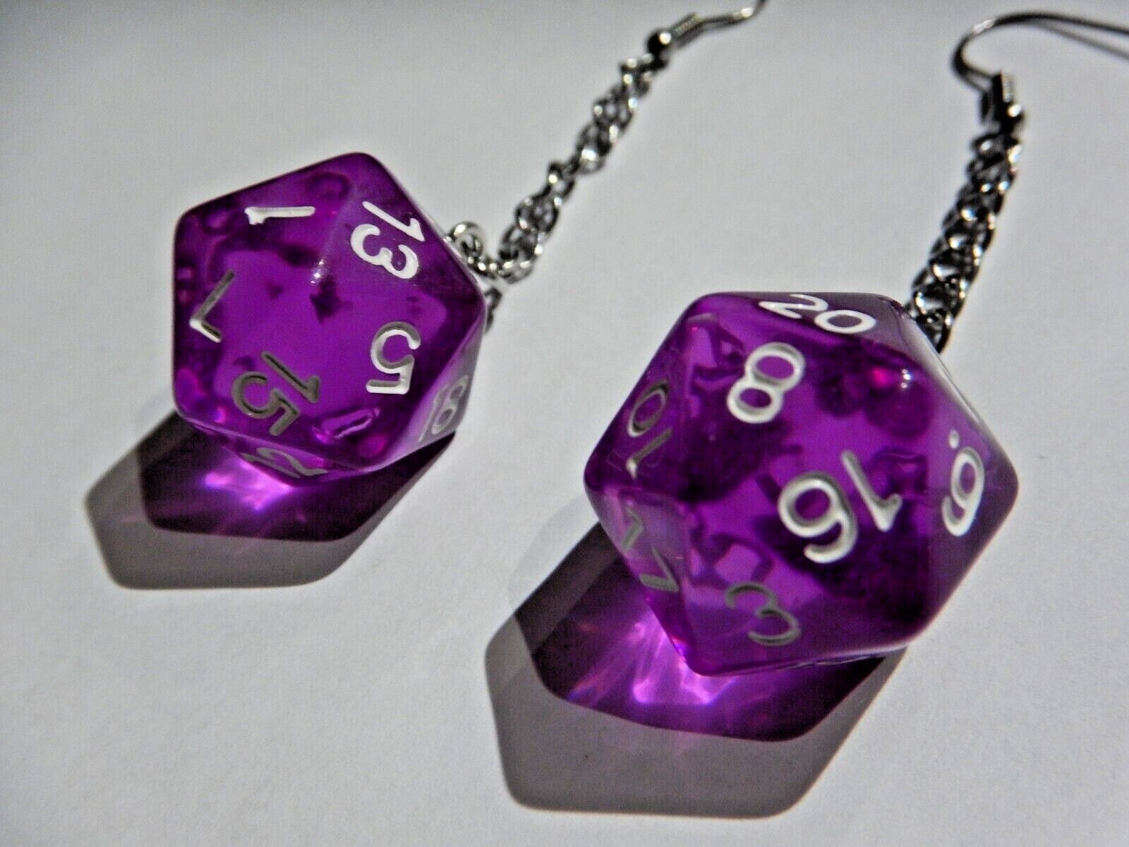 PURPLE D20 DICE EARRINGS 20-sided die rpg gamer girl DnD nerd jewelry E2