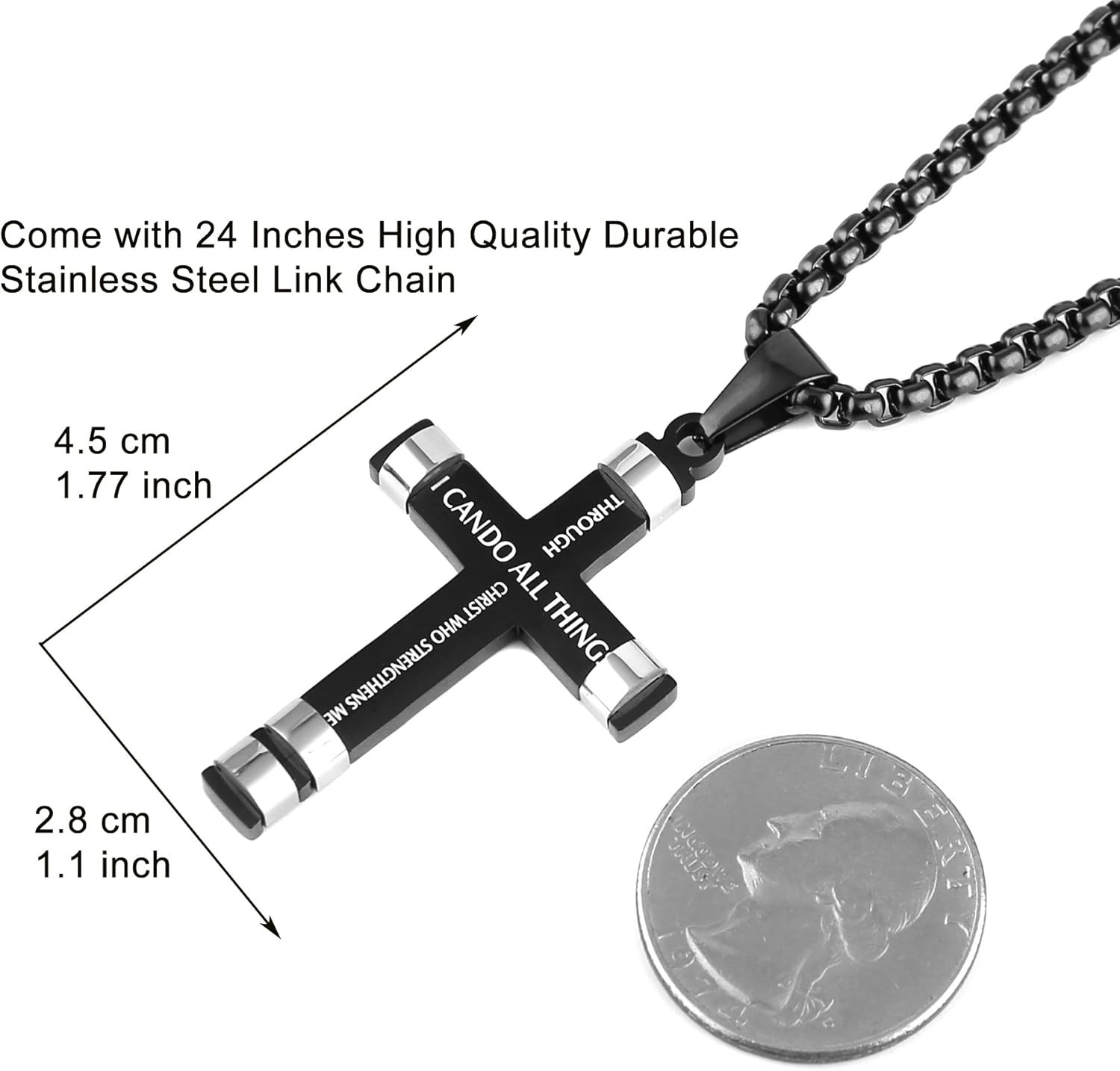Cross Pendant Philippians 4:13 STRENGTH Bible Verse Stainless Steel Necklace 3 C