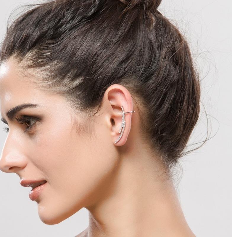 Shiny Silver Rhodium Plated CZ Pave Minimal Lines Earrings Ear Climber Crawler