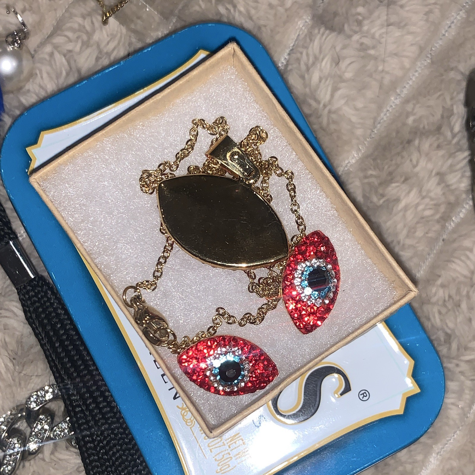 Evil Eye Crystal Jewelry Set Gold Tone Red/Blue Pendant Necklace & Earrings