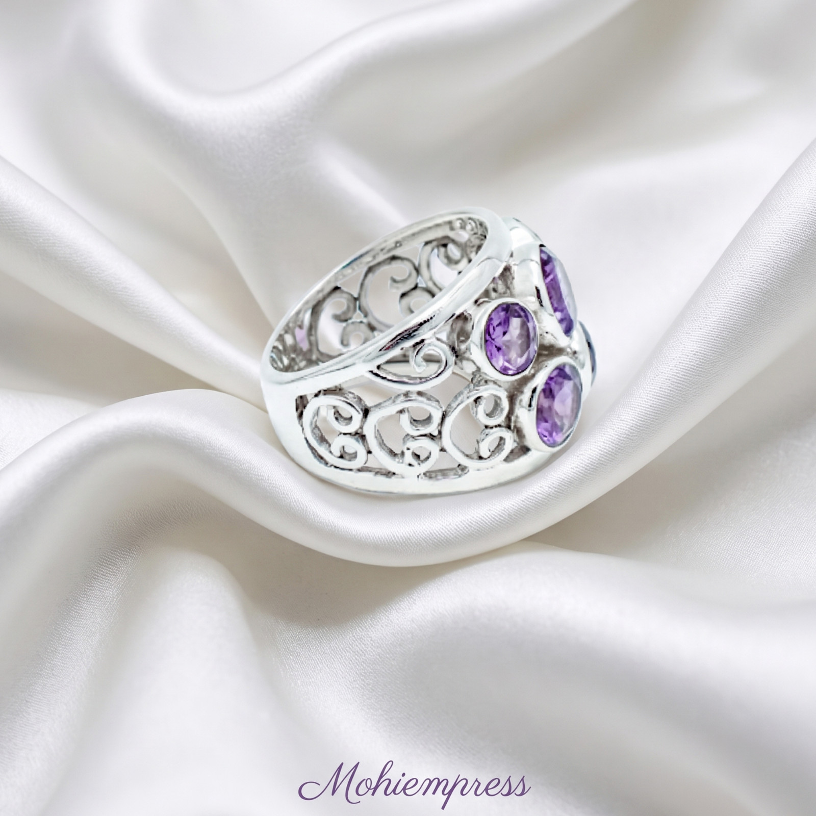 925 Sterling Silver Multi-Stone Natural Amethyst Statement Ring