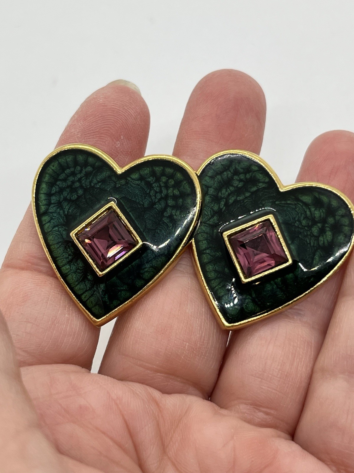 Yves Saint Laurent YSL Vintage Dark Green Heart Amethyst Diamond Clip, Earrings