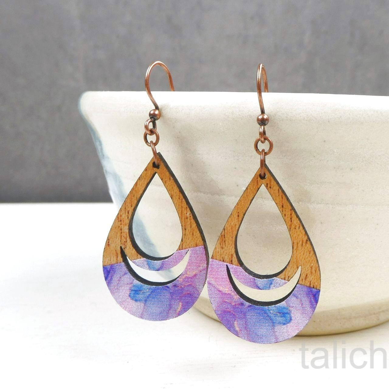 DC Designs Cutout Mahogany Wood Teardrop Earrings Pink Purple Art Print D43M