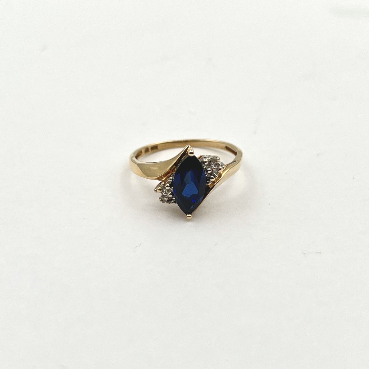 10k Yellow Gold Simulated Sapphire Marquise w/ Diamond Accents Ring Sz 7.25