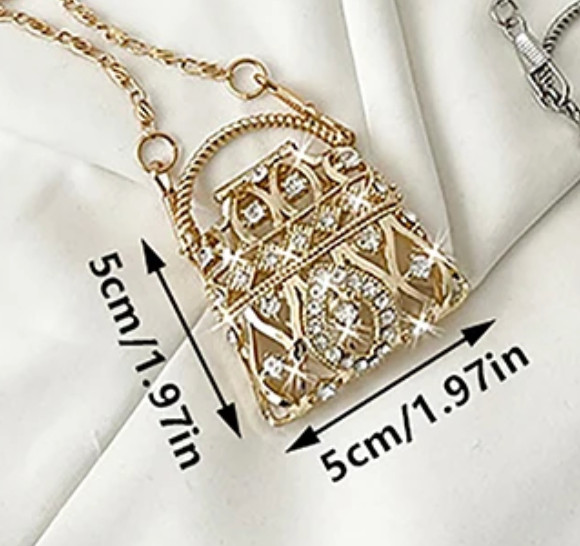 Mini Crystal Purse Pendant Necklace Gold Tone Long Chain Crossbody Handbag Charm