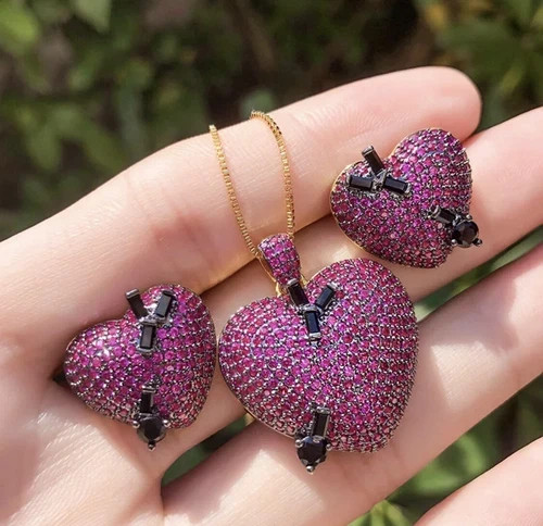 18K Gold Plated Lab Pink Sapphire Heart Pendant Necklace Earrings Valentine Gift