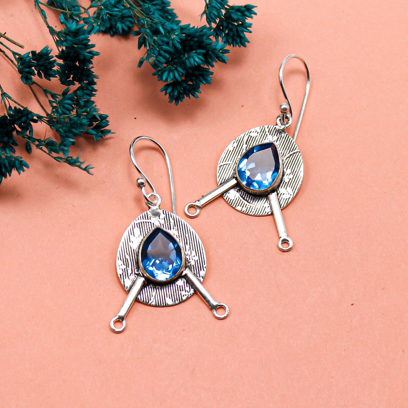 Swiss Blue Topaz Gemstone Earrings 925 Silver Handmade Jewelry 1.86″ For Girls
