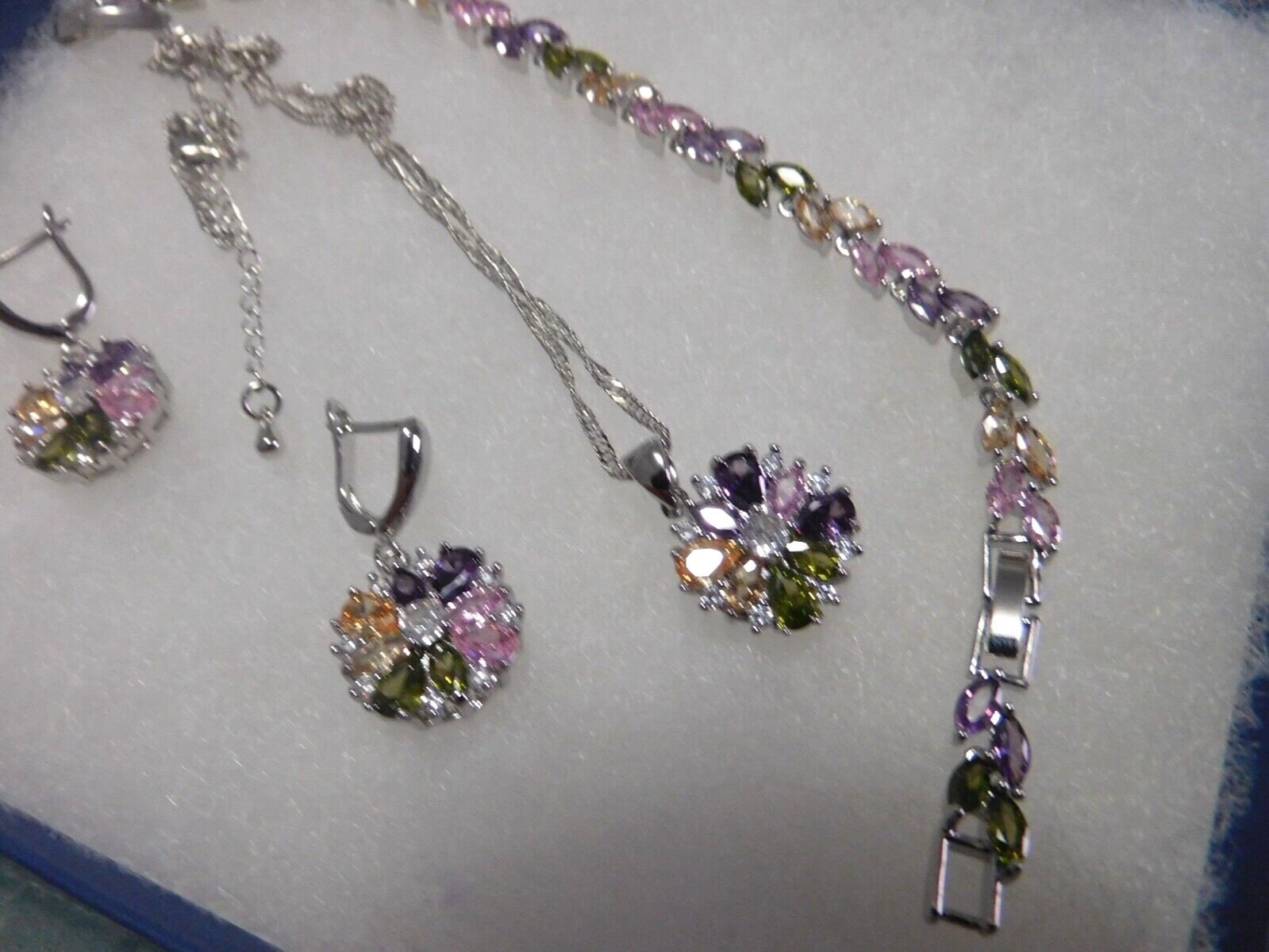 New 5 Piece Necklace Earrings Bracelet Ring Multi-Color Zircons 925 Wedding Set