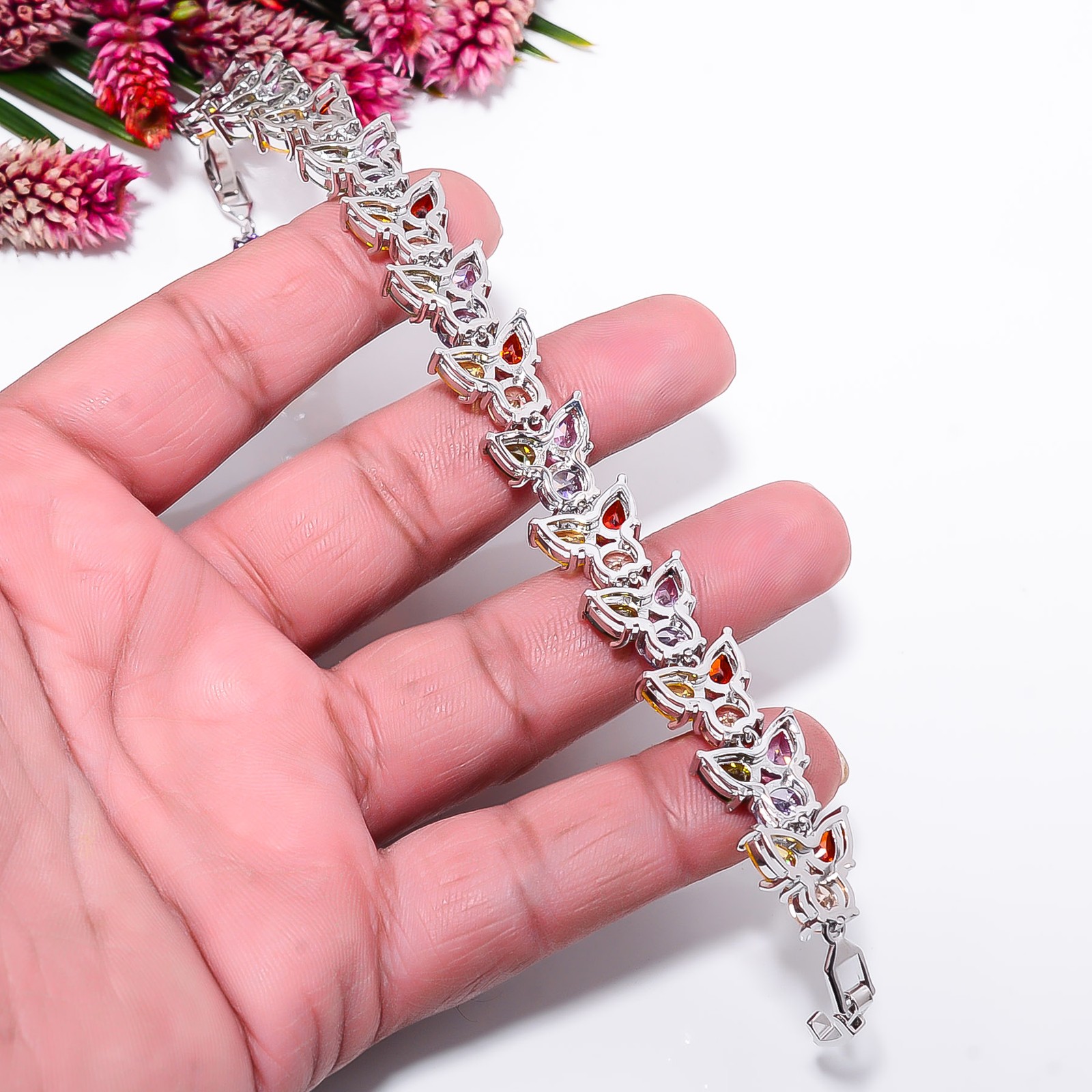 Multi Sapphire -Simulated, CZ 925 Sterling Silver Adjustable Bracelet 7-8″ B530