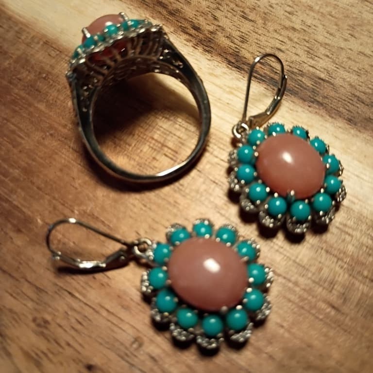 Pink Opal Turquoise Sterling Silver Ring & Earrings w/Gold Vermeil Set Size 9.75