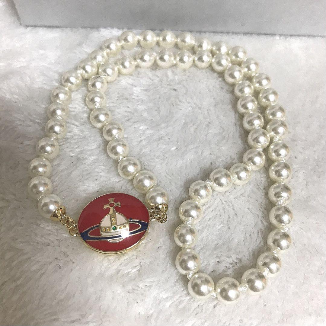 Vivienne Westwood Necklace Enamel Pearl Choker Red x Gold 40cm IN BOX
