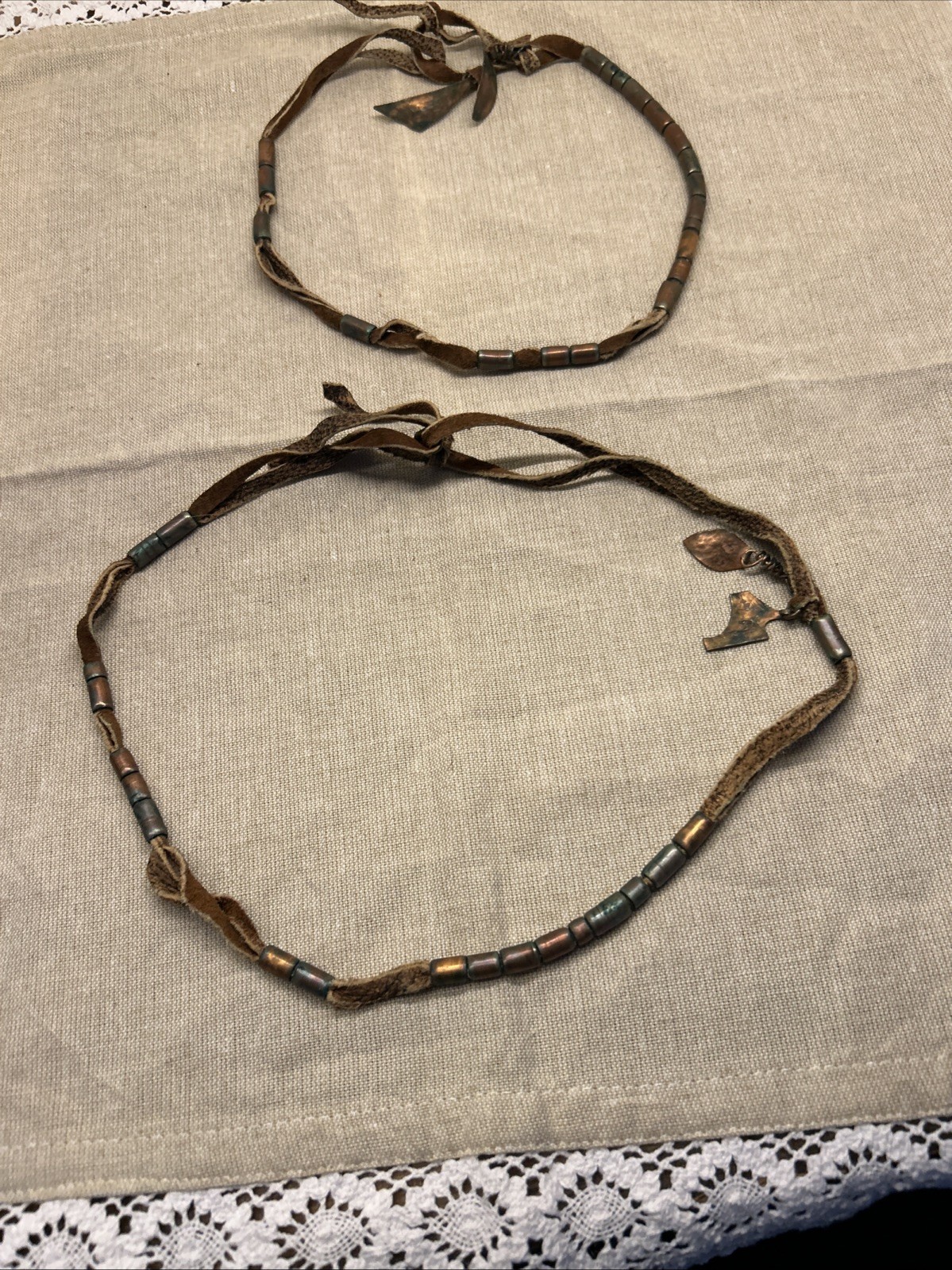 Set of Two Boho Tribal Style Necklaces Leather Cord Copper Metal Charms Beads
