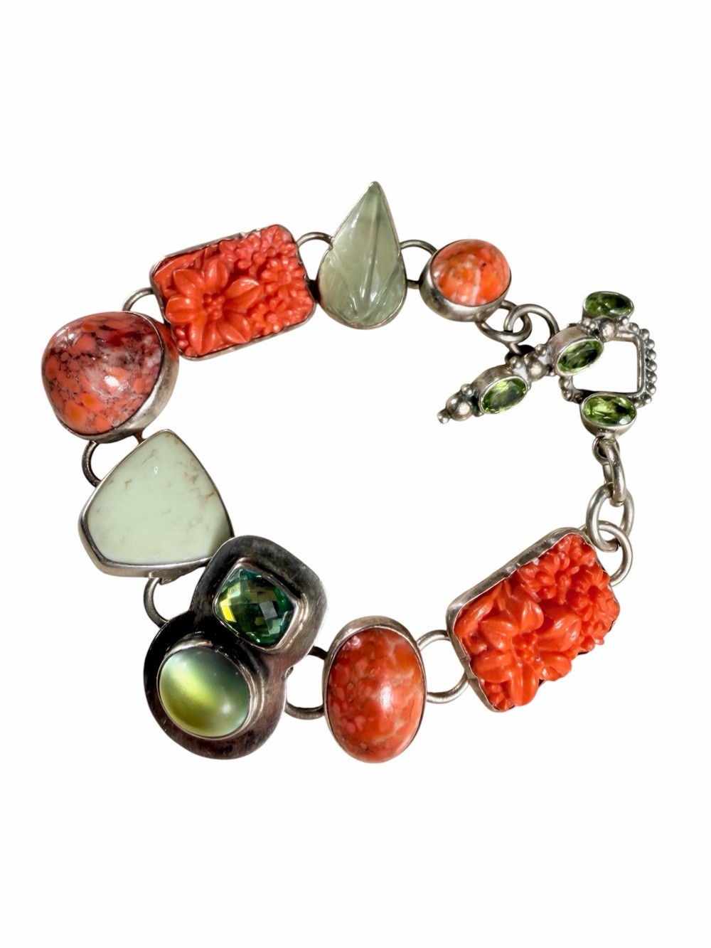 AKR Amy Kahn Russell carved Coral & GrGemstone Sterling Bracelet Handmade 6.5”