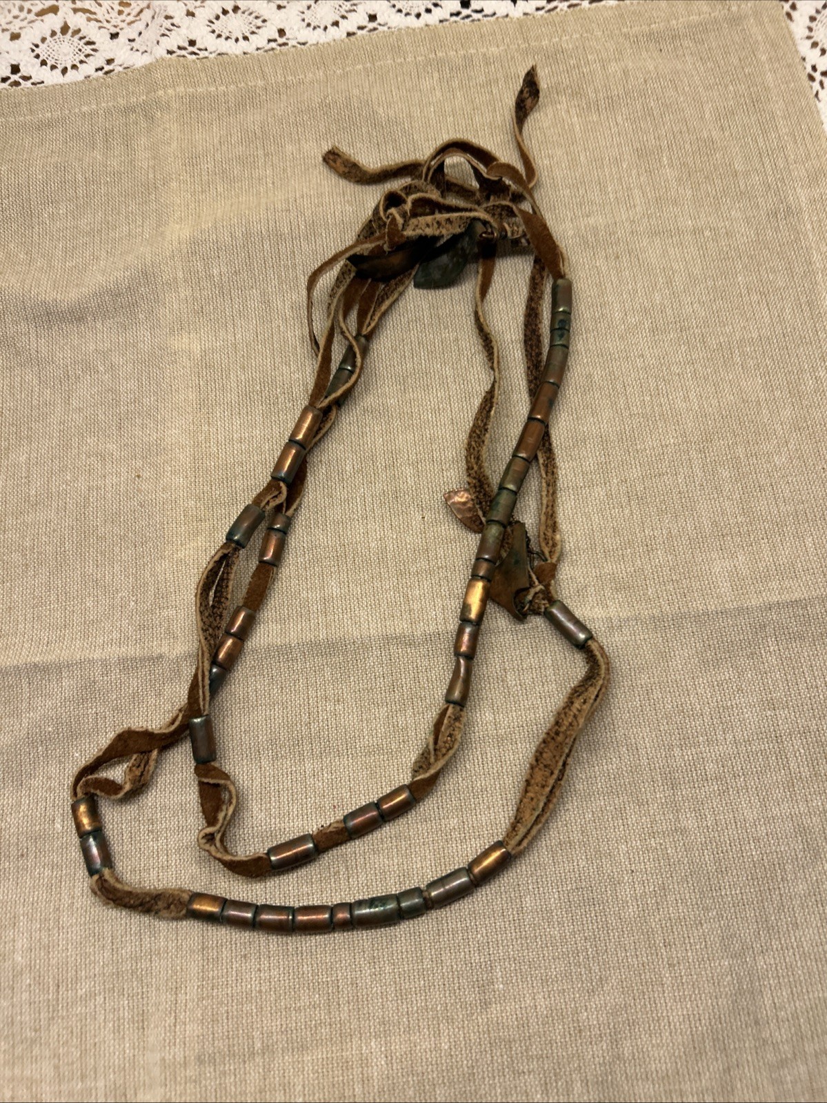 Set of Two Boho Tribal Style Necklaces Leather Cord Copper Metal Charms Beads