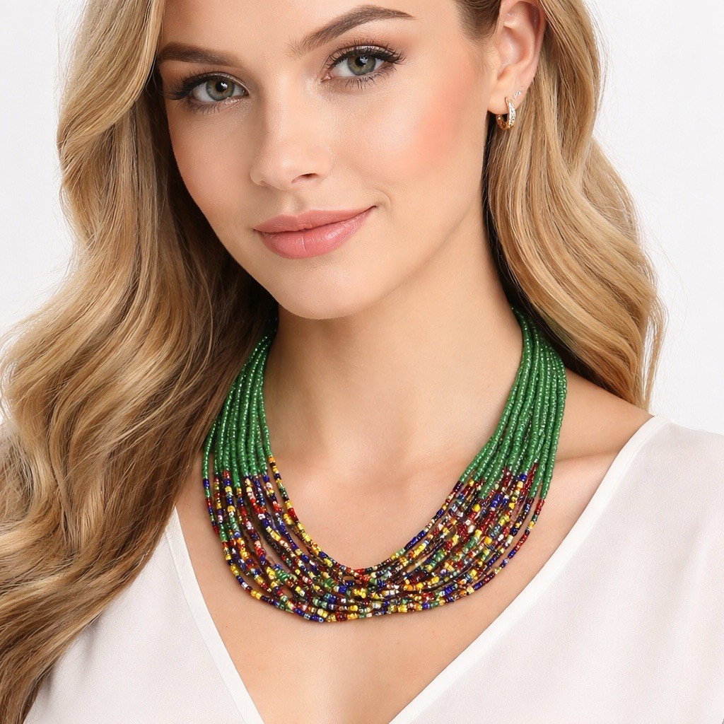 Seed Bead Necklace Green & Multicolor Multi Strand Statement Boho Style 18”