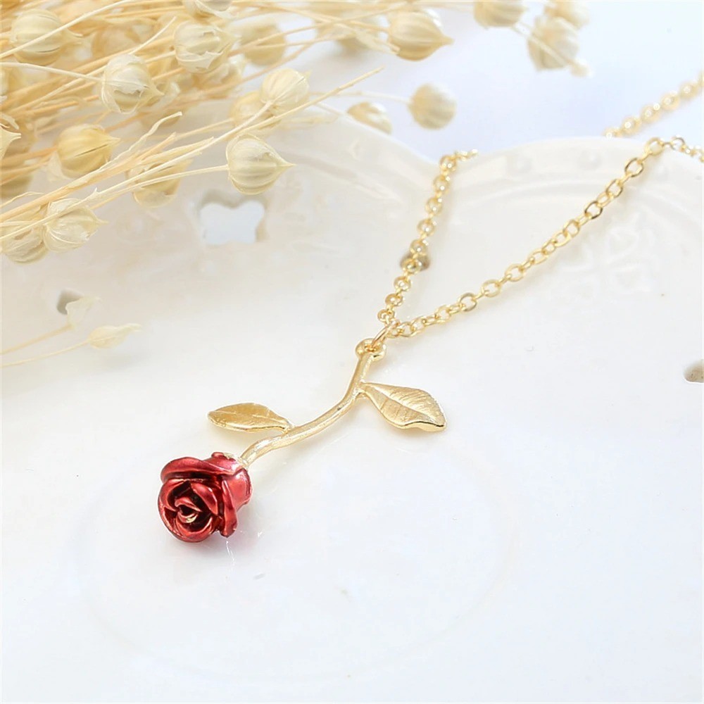3D Rose Flower Pendant Necklace Beauty and the Beast Charm Boho Jewelry Gift Her