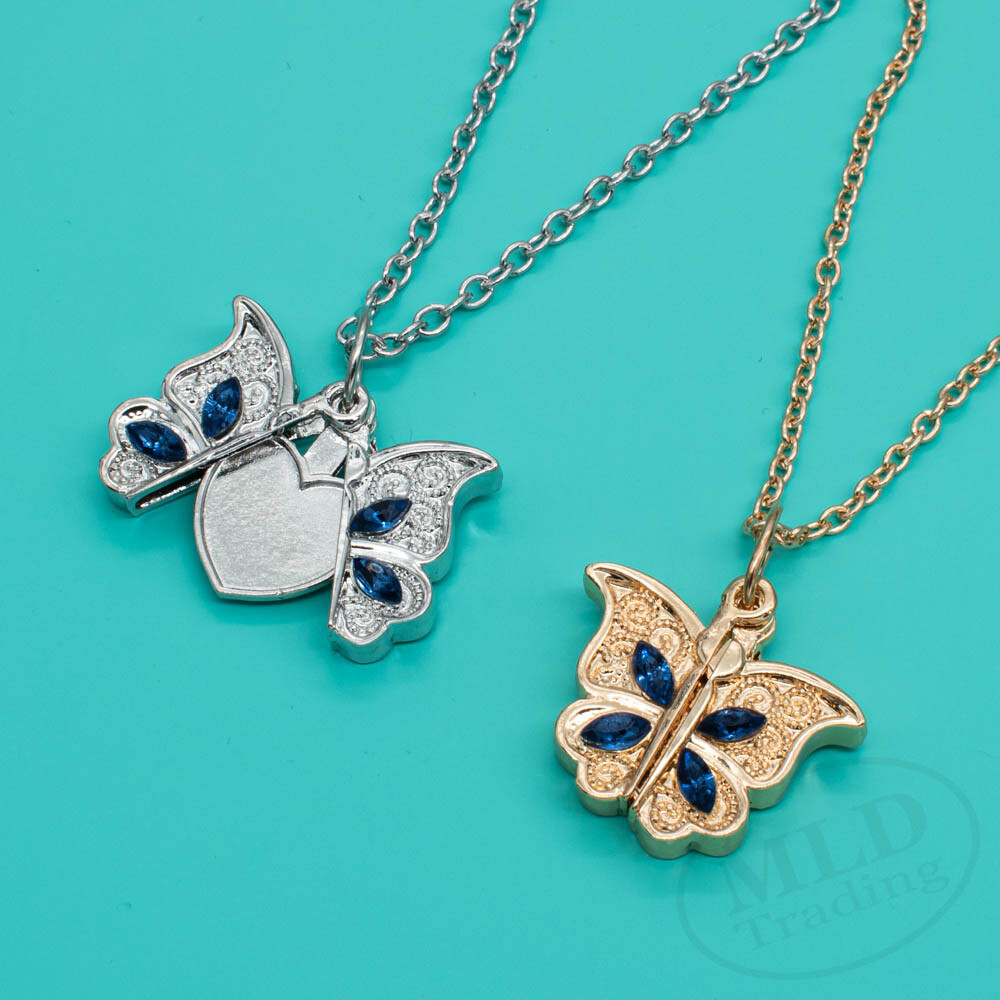 Metal Butterfly Openable Locket Photo Heart Pendant Necklace Silver Gold Color