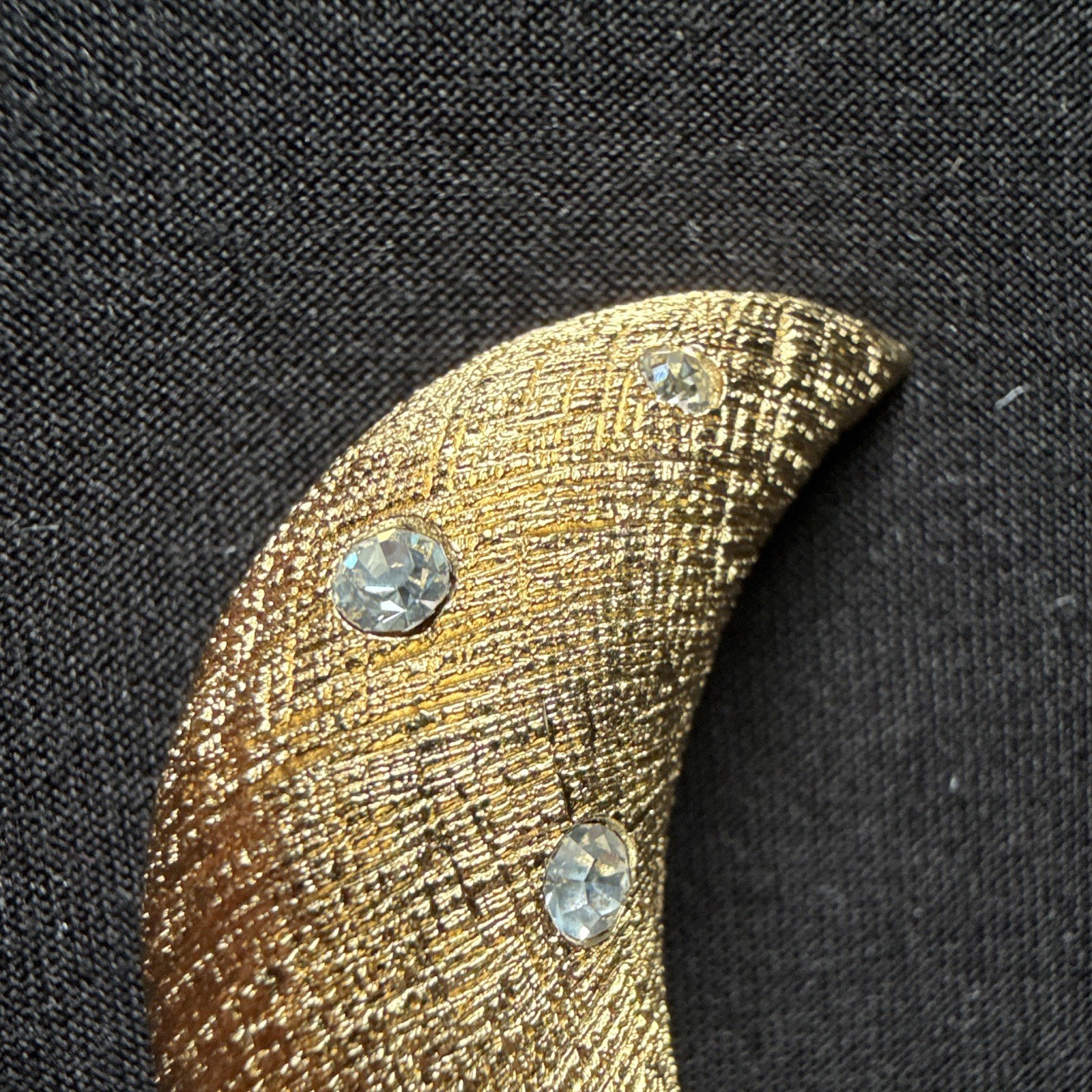 Vintage Christian Dior Gold Plate Textured Crescent Moon Brooch Pin Rhinestones