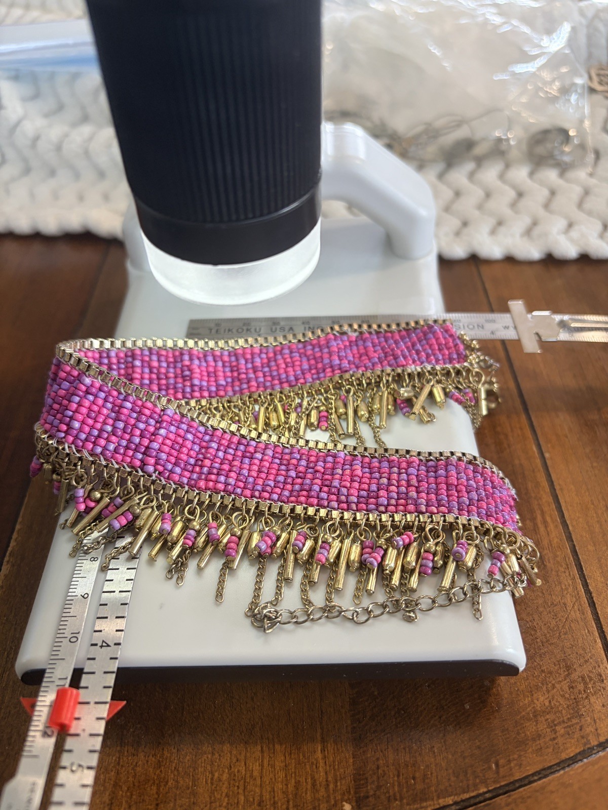 Pink and gold-tone beaded fringe statement necklace, metallic beads, 18 3/4″