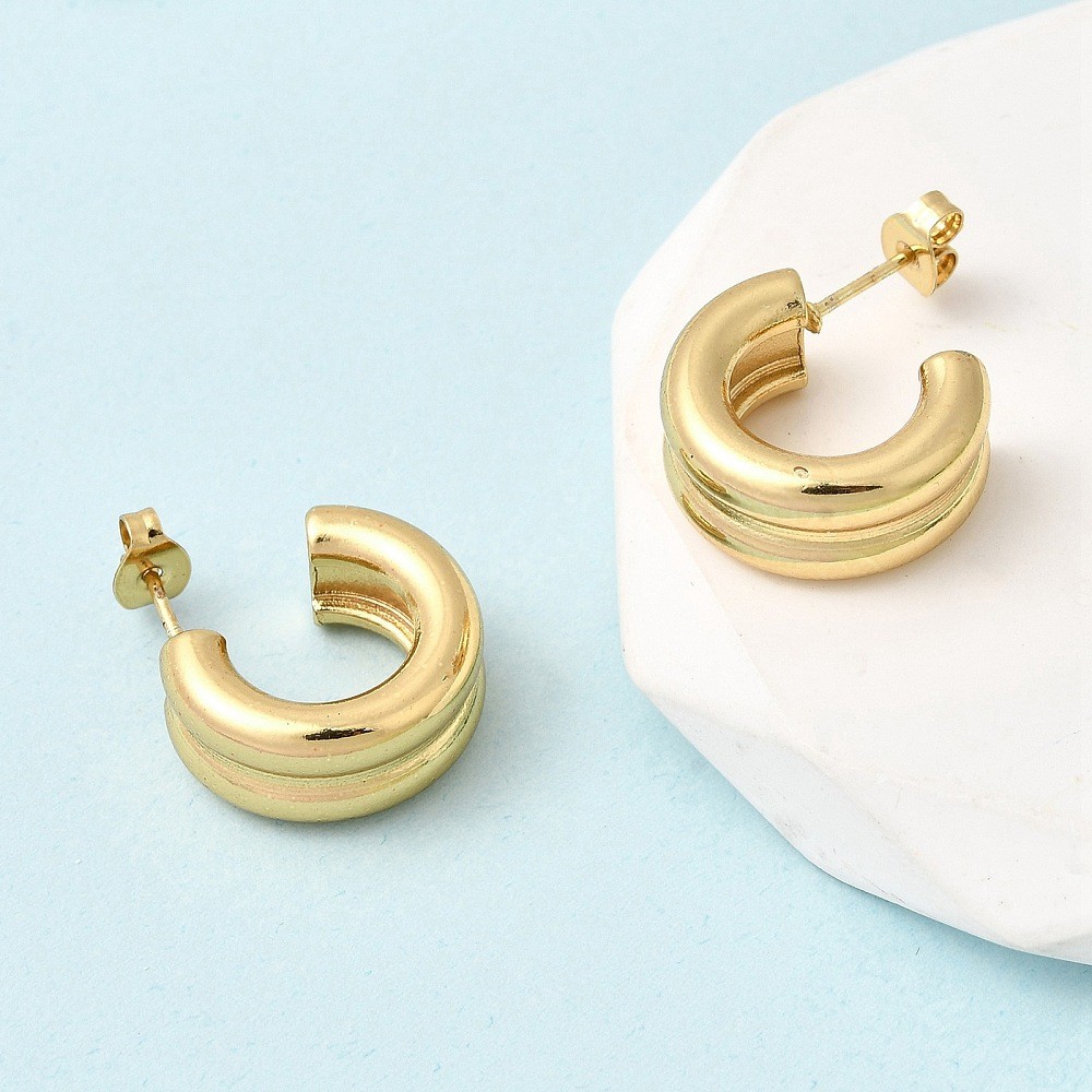 Stud Earrings Stainless Steel Gold Two-layer C-shaped 0.69 in Gift E118