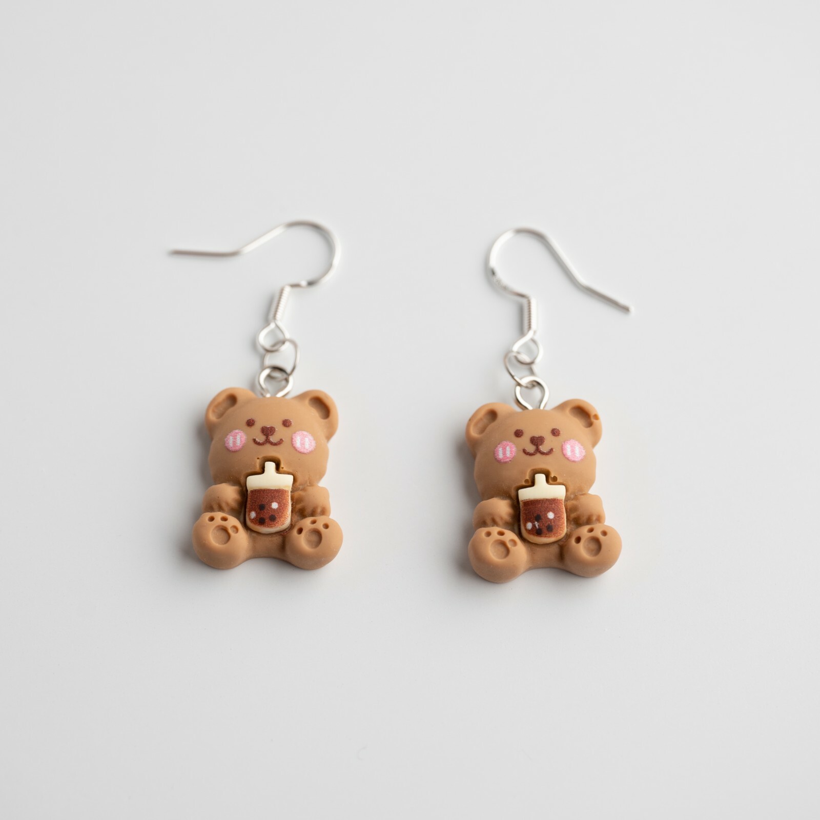 Cute Brown Teddy Bear Bubble Milk Tea Cartoon Hook Dangle Drop Earrings Gift