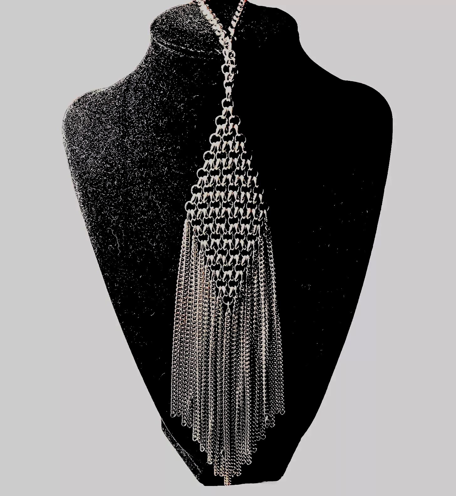 Silvertone 30 Inch Chain Necklace with 7″ Diamond Shaped Chain Fringe Pendant