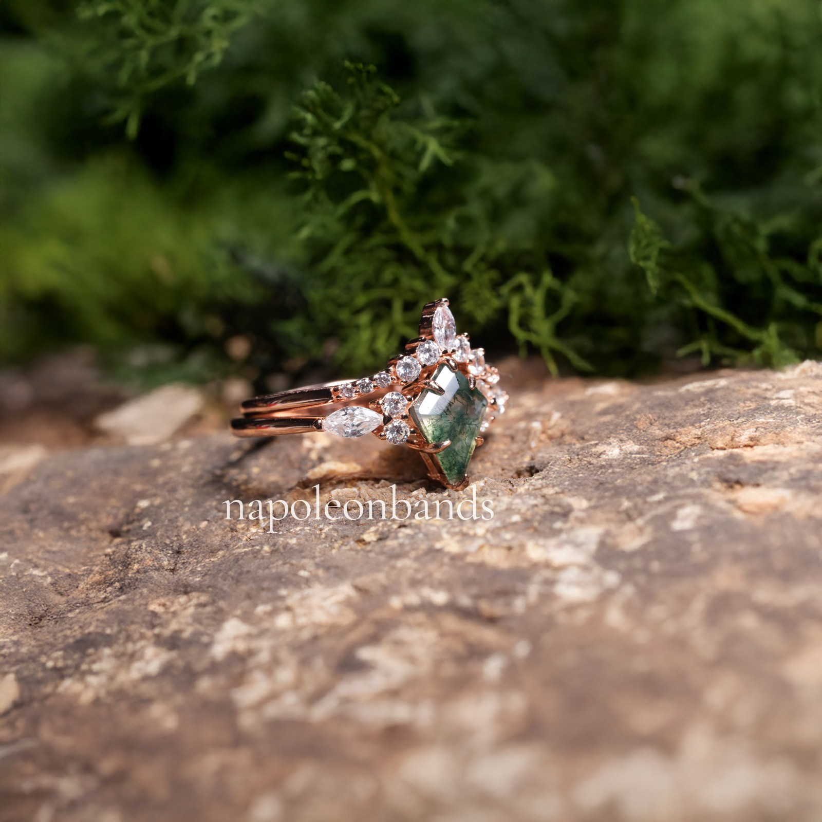 14K Rose Gold Marquise, Kite Cut Green Moss Agate Engagement Stackable Ring