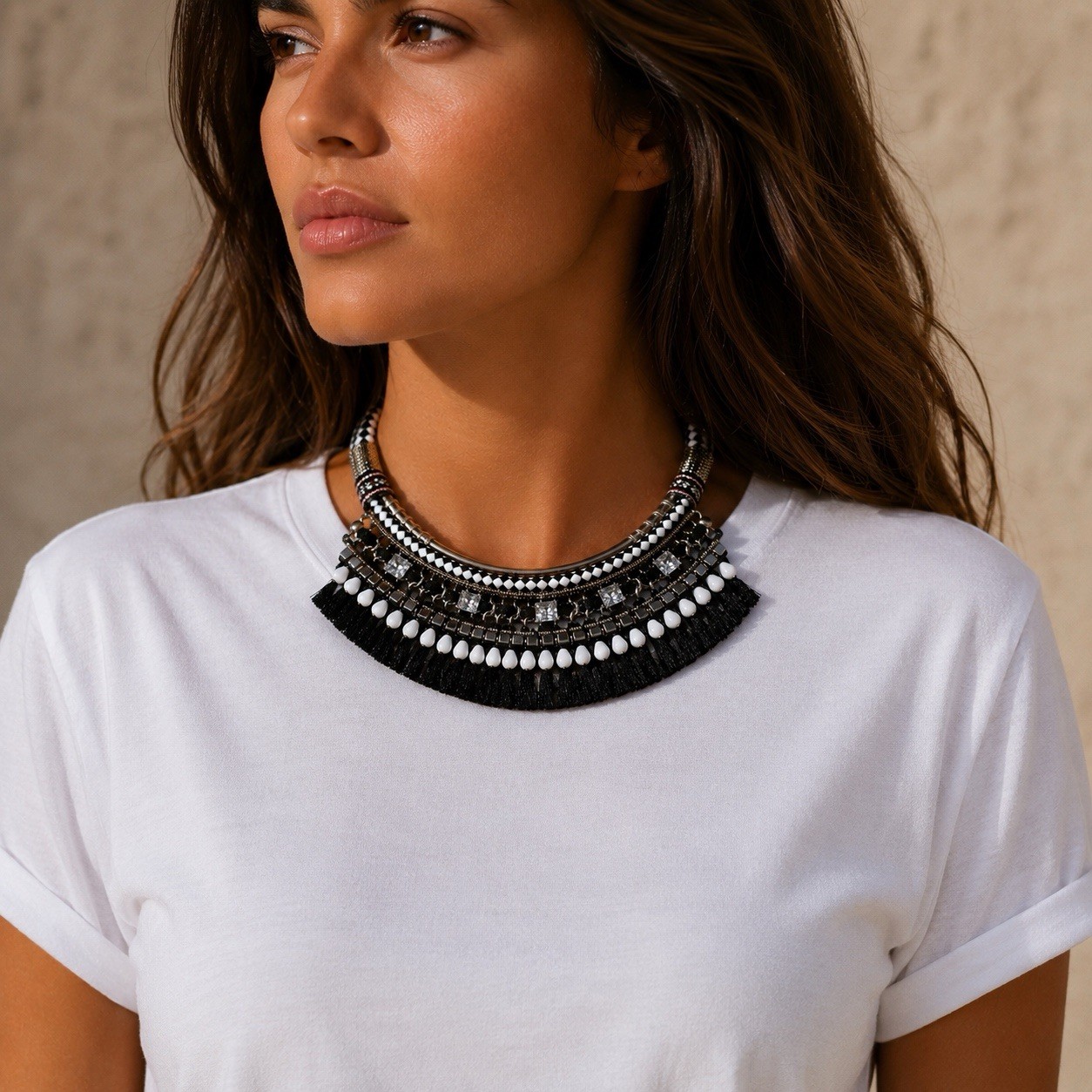 Chicos Bold Boho Necklace Tribal Style Bead and Fringe Layered Design Woven Cord