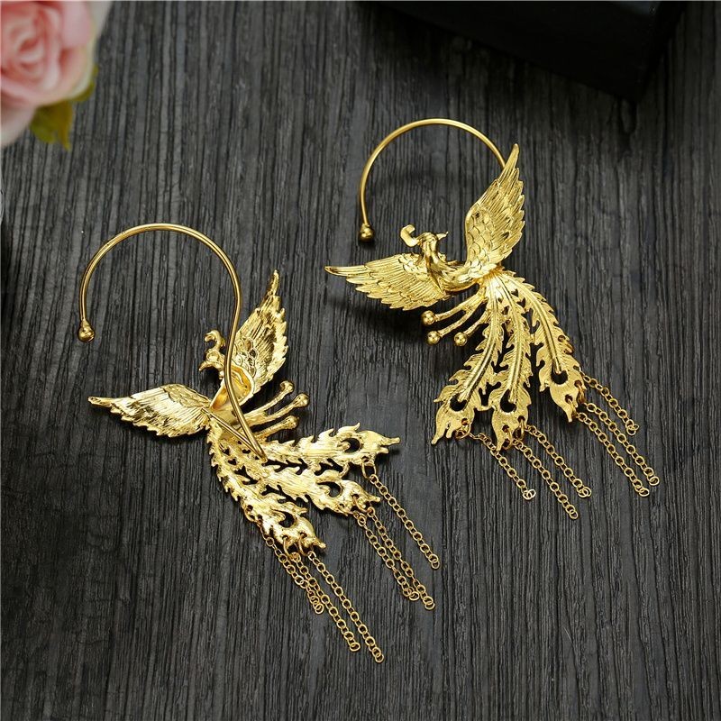 Bridal Gold Plated Phoenix Tassel Ear Cuff Chinese Cheongsam Accessory