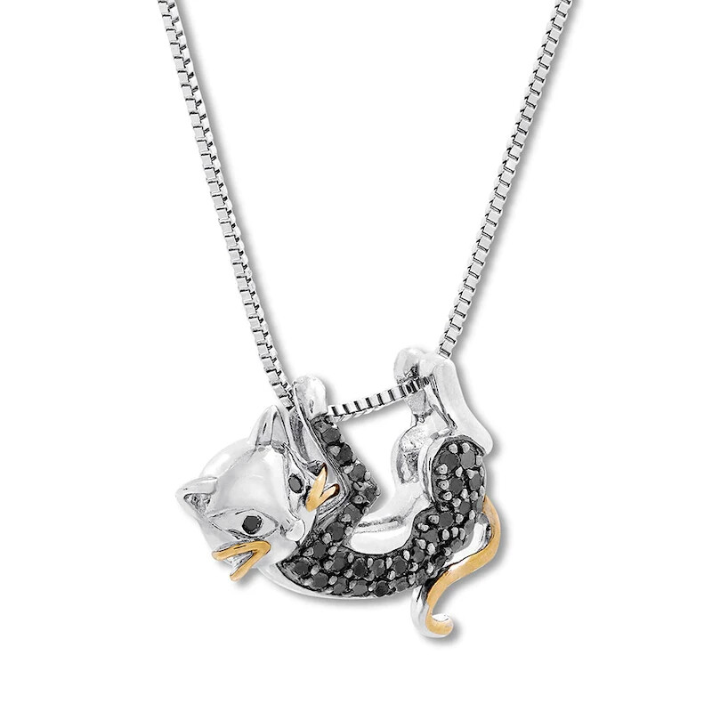 Black Simulated Diamond Cat Necklace 1/5 ct Silver 10K White Gold Plated