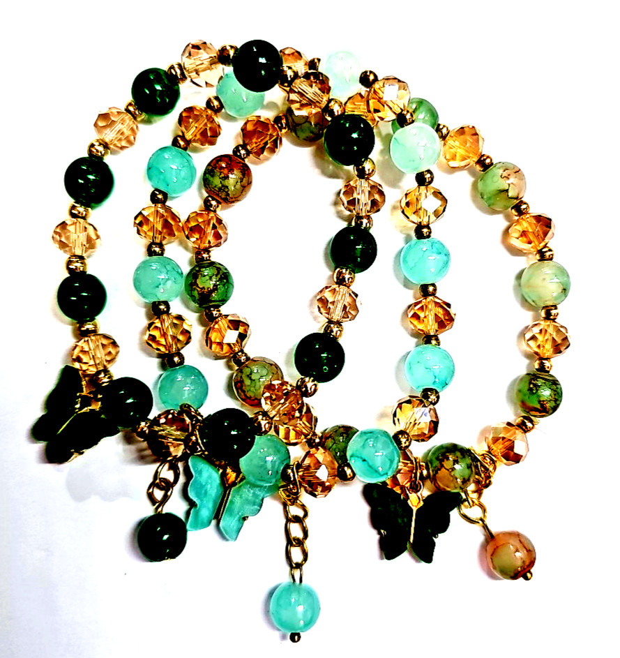 Glass Bead Bracelet w/ Butterfly Charm & Dangling Bead Mix & Match from 6 Colors
