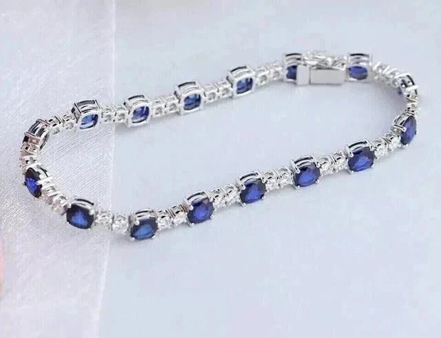 6.5Ct Round Simulated Sapphire Wedding Tennnis Bracelet 14K White Plated Plated